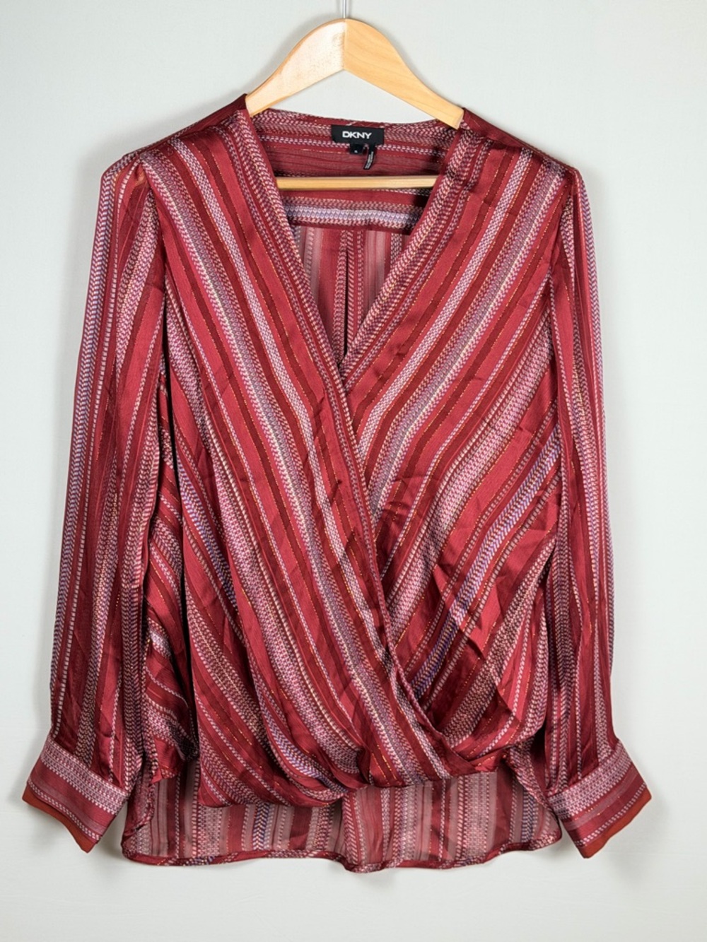 DKNY XL Red Striped Wrap Blouse Sheer Metallic Surplice High Low Hem Lined Front